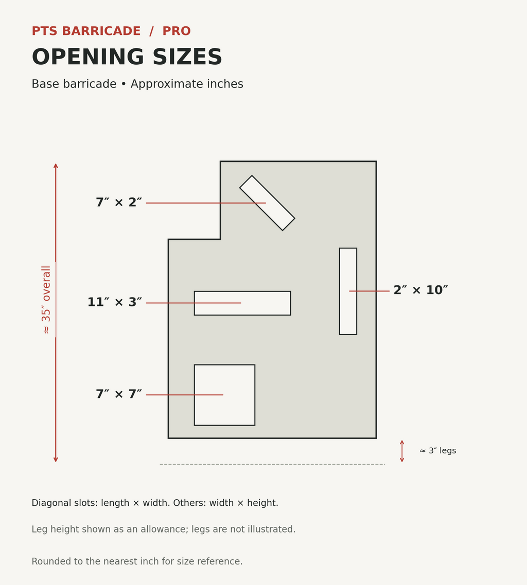 PTSB Pro base opening dimensions in inches: 7 by 7 square, 11 by 3 horizontal, 2 by 10 vertical, 7 by 2 diagonal. Approximate overall height 35 inches including legs.