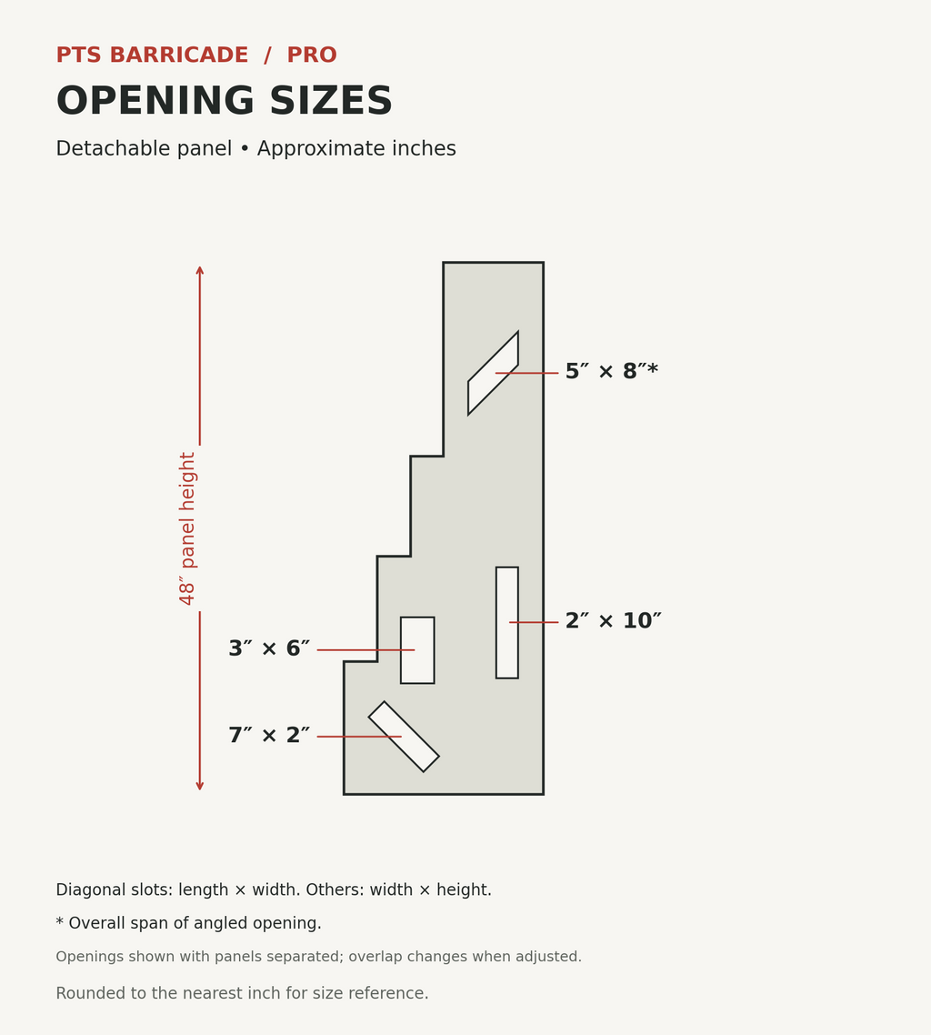 PTSB Pro detachable panel opening dimensions in inches: 7 by 2 diagonal, 3 by 6 rectangle, 2 by 10 vertical, angled opening overall span 5 by 8. Panel height 48 inches.