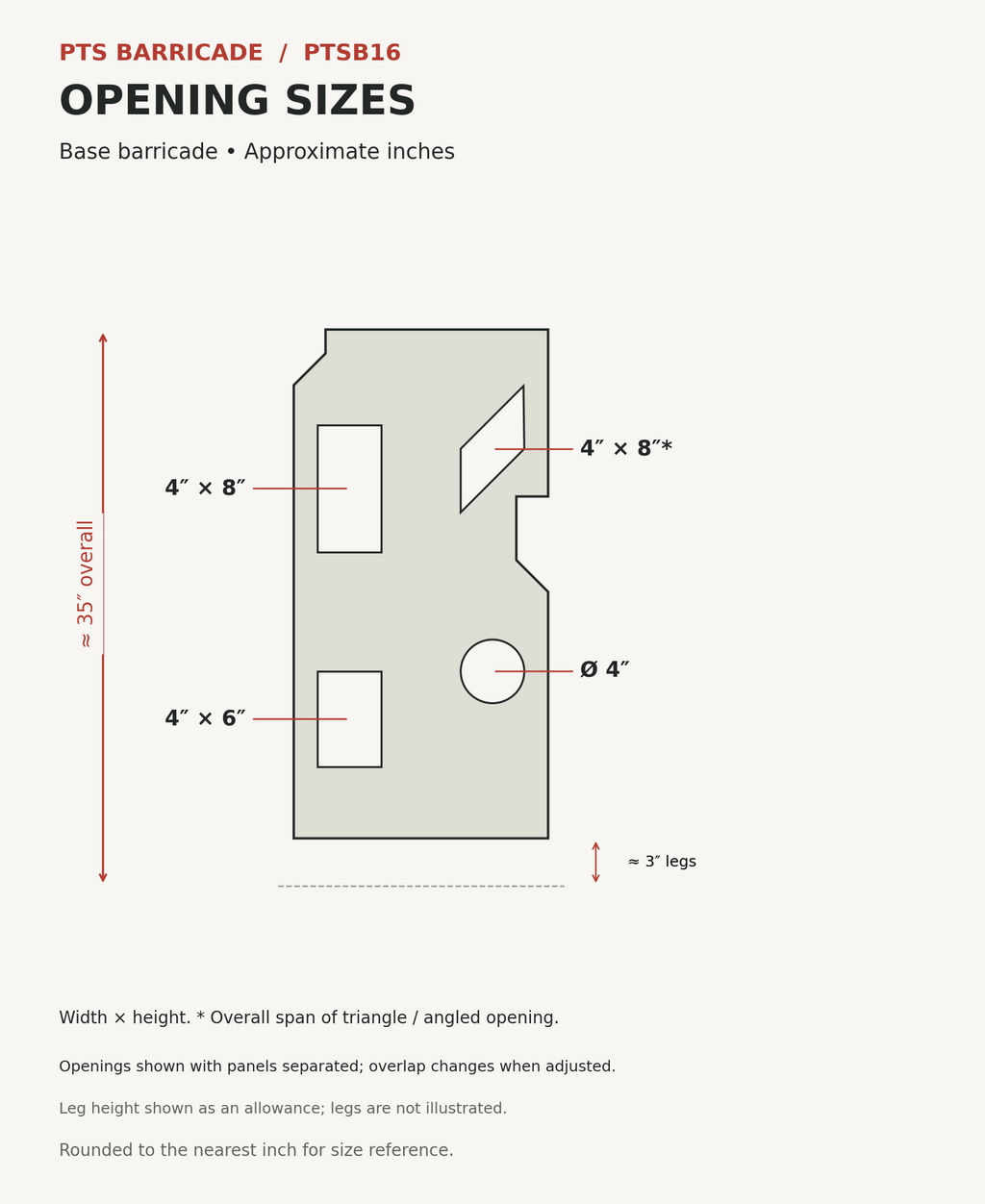 PTSB16 base opening sizes and height, approximately rounded to whole inches; circles labeled by diameter.