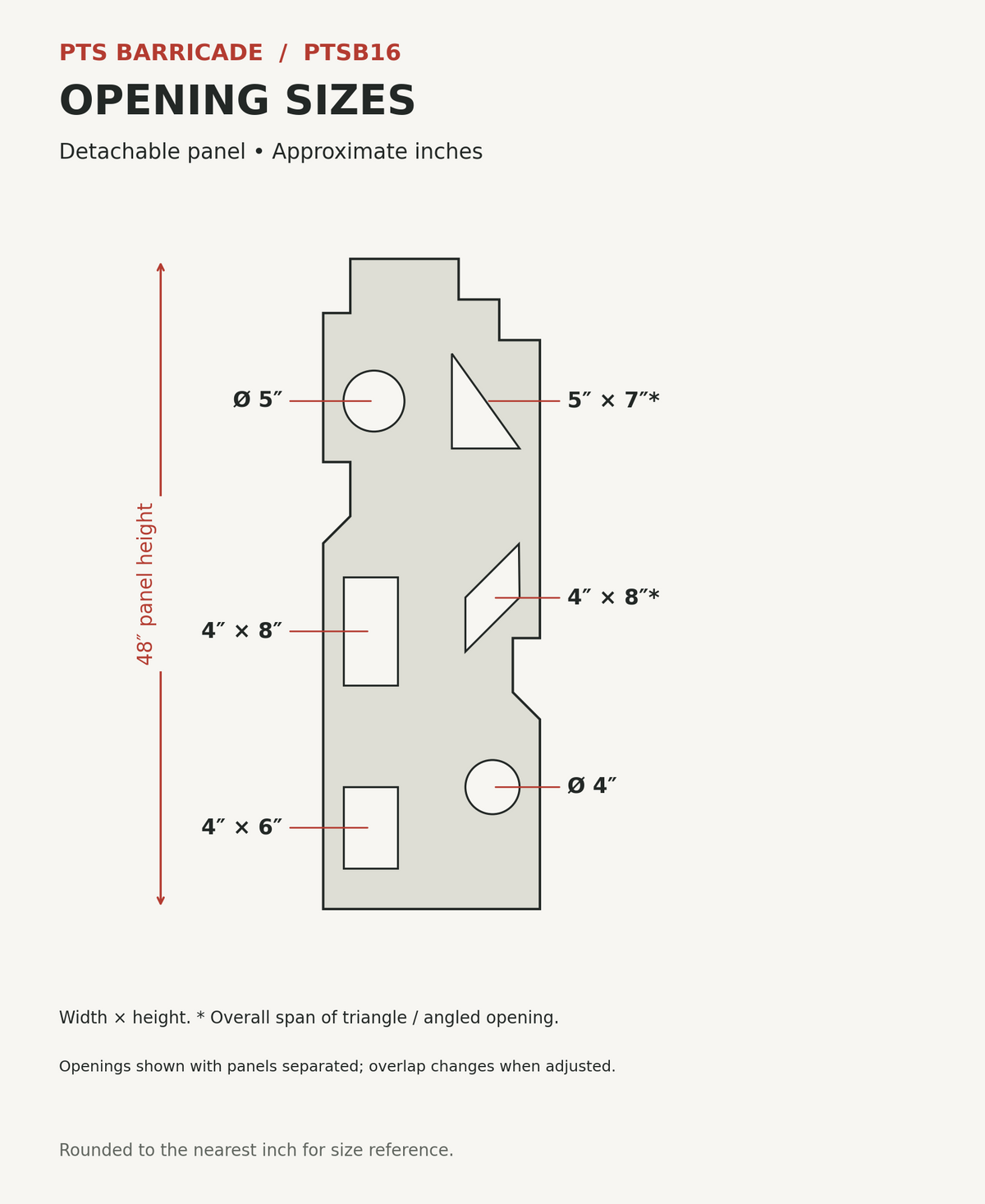 PTSB16 detachable opening sizes and height, approximately rounded to whole inches; circles labeled by diameter.