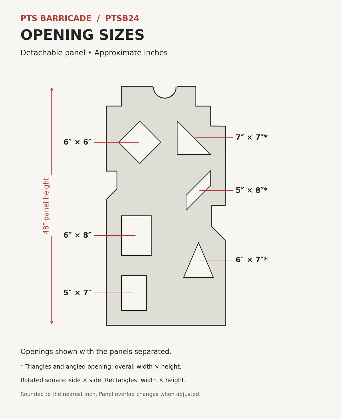 PTSB24 Detachable Opening Sizes; approximate dimensions rounded to whole inches.