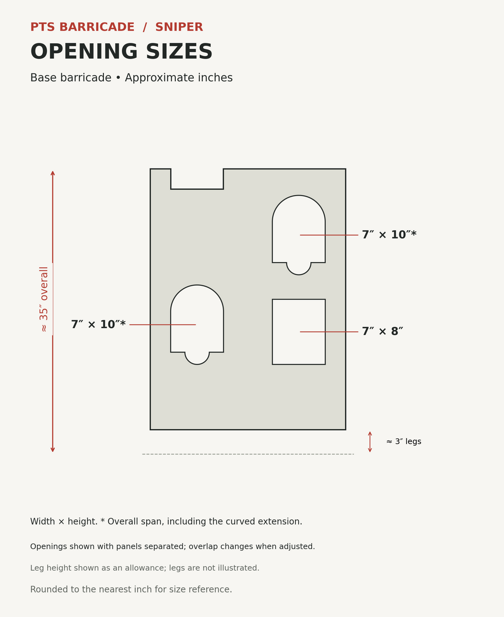 PTSB Sniper Base Opening Sizes; approximate dimensions rounded to whole inches.