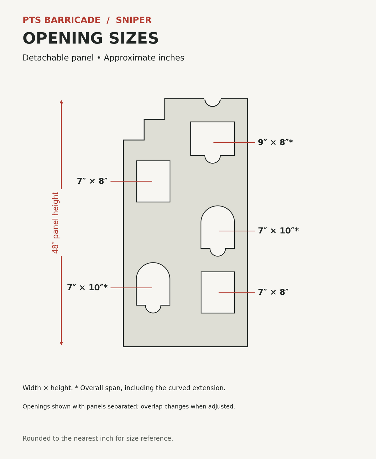PTSB Sniper Detachable Opening Sizes; approximate dimensions rounded to whole inches.